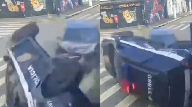 Viatura da Polícia Civil capota ao colidir com carro em São Paulo