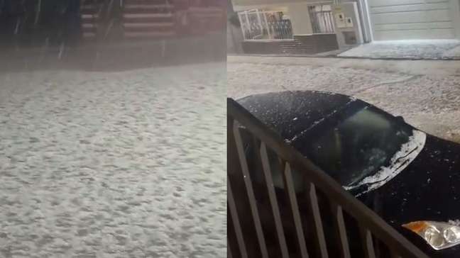 Chuva de granizo transforma paisagem e deixa ruas de cidade cobertas de gelo em MG