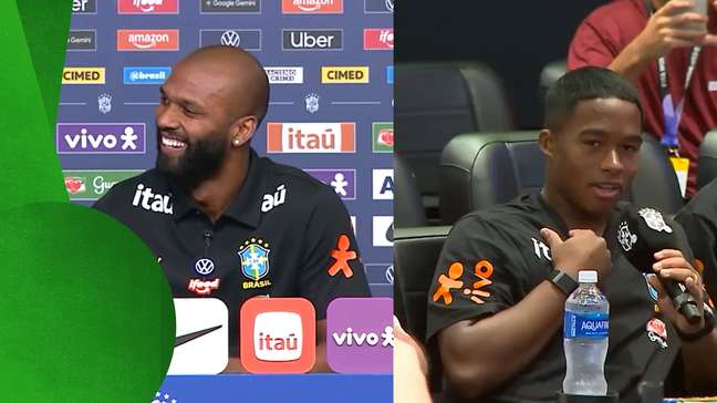 Endrick vira 'repórter' e brinca com companheiro em coletiva da Seleção: 'Boa tarde, senhor Igor'