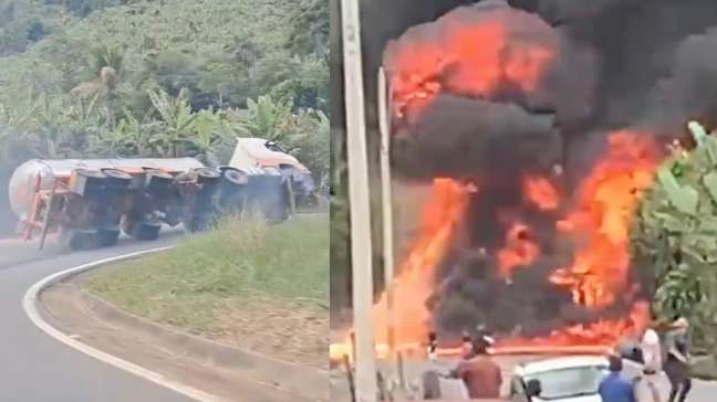 Veja o momento em que carreta tomba e causa incêndio de grandes proporções no ES
