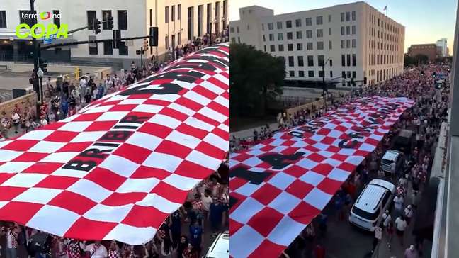 Torcida da Croácia estende bandeira gigante nas ruas de Dallas antes de partida contra Inglaterra