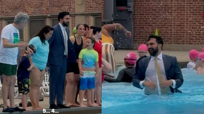 Prefeito de Nova York pula na piscina de terno e gravata
