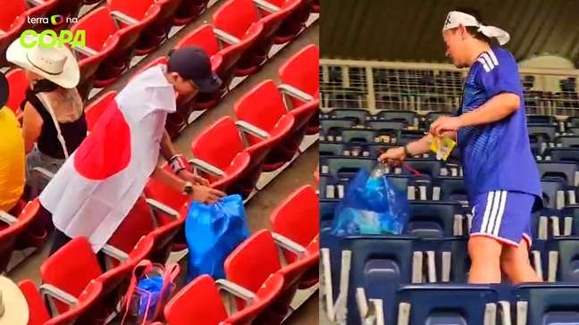Torcedores japoneses recolhem lixo no estádio após derrota para o Brasil em Houston