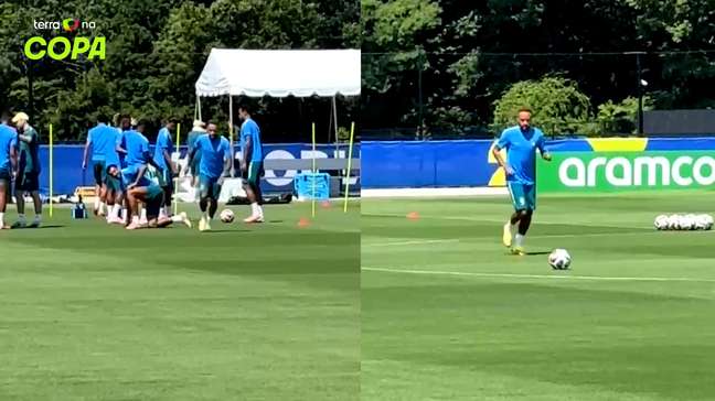 Neymar aparece descontraído em treino, brinca com Danilo e dá show de habilidade com a bola
