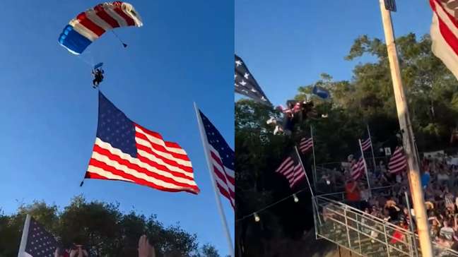 Paraquedista amarrado a bandeira dos EUA fica preso em árvore e cai sobre tenda durante evento