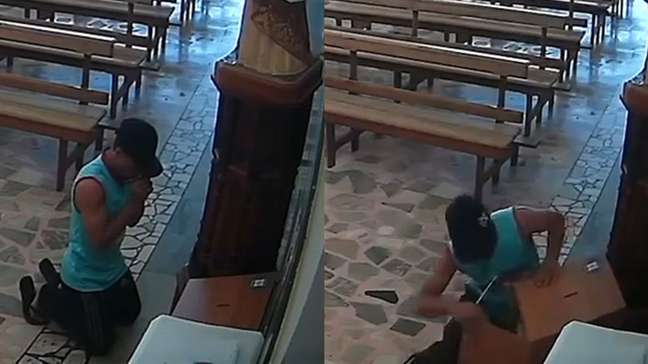 Homem se ajoelha e finge rezar para furtar caixa de doações de igreja em MG