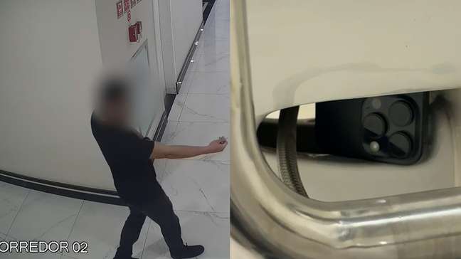 Câmera registra homem escondendo celular em banheiro para filmar mulheres em prédio comercial