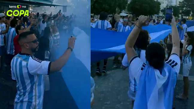 Com bandeirão e fogos, torcida da Argentina lota Copacabana antes da final da Copa