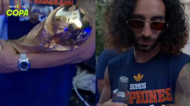 Cucurella ‘perde a linha’ e ‘hidrata’ taça da Copa do Mundo durante festa na Espanha