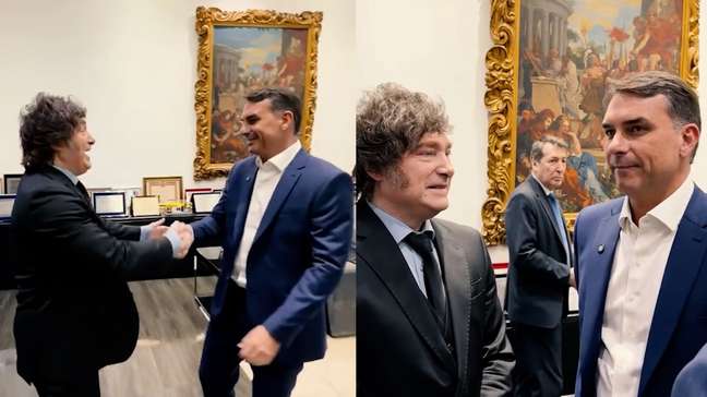 Flávio Bolsonaro posta encontro com Javier Milei: 'Uma pena que não posso ver o seu pai'