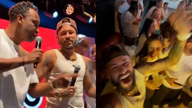 Neymar solta a voz com Thiaguinho em festa de aniversário de Bruninho do vôlei após dia de polêmicas