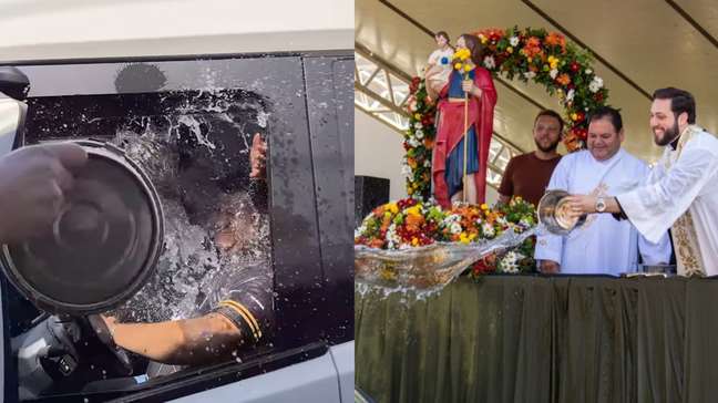 ‘Caminhão-pipa de bençãos’: padre viraliza ao abençoar fiéis com baldes de água benta em MS