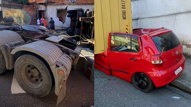 Carreta tomba e contêiner de 28 toneladas esmaga carro na Grande SP; veja