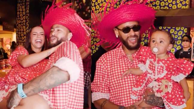 Com Mel, Mavie e Davi Lucca, Neymar e Bruna Biancardi fazem festa junina fora de época em Guarujá