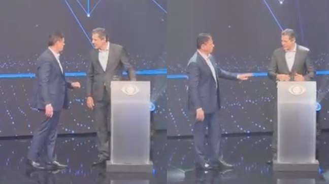 Sinal de positivo e bate-papo: Tarcísio vai a púlpito de Haddad antes do início do debate na Band