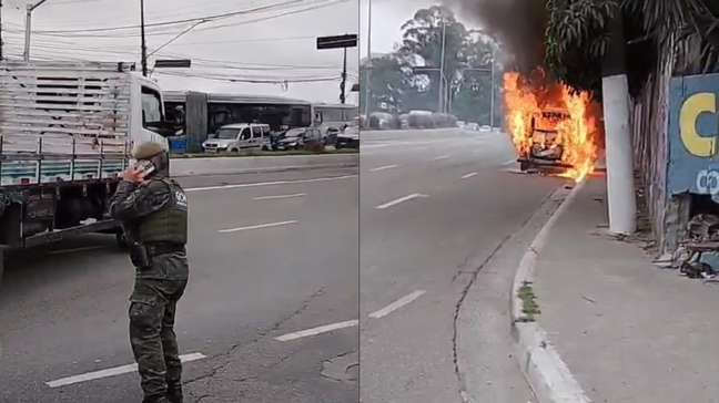 Kombi pega fogo e complica trânsito na Zona Sul de SP; veja veículo em chamas