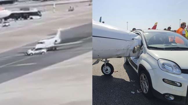 Carro invade pista e bate em jato particular no aeroporto de Milão; veja