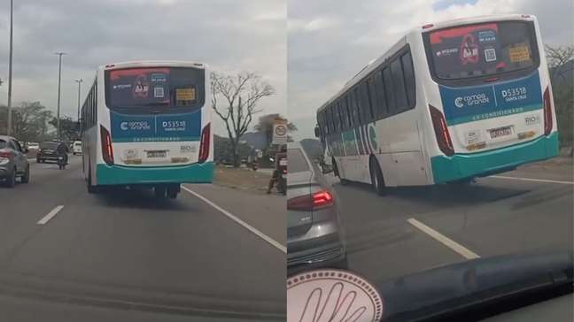 Ônibus ‘torto’ é flagrado na Avenida Brasil, no Rio de Janeiro