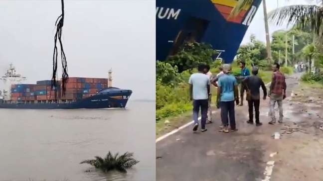 Vídeo mostra momento em que navio perde controle e atinge margem de rio na Índia