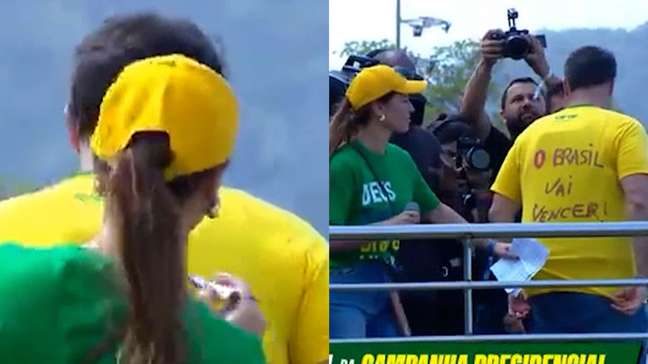 Esposa de Flávio Bolsonaro discursa e escreve ‘O Brasil vai vencer’ com batom nas costas dele