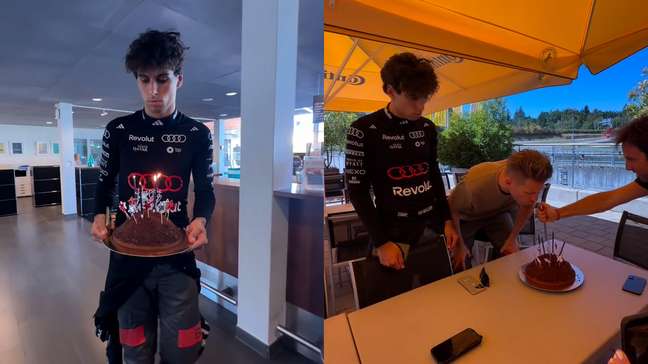 Bortoleto leva bolo para Hulkenberg ao comemorar aniversário do colega de equipe na F1