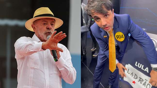 Renan Santos provoca Lula e coloca papel escrito ‘ladrão’ em púlpito vazio de debate na Band