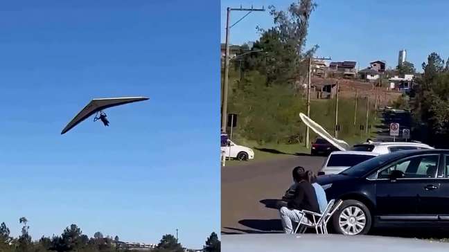 Vídeo mostra asa-delta caindo sobre carro durante pouso no RS; piloto ficou ferido