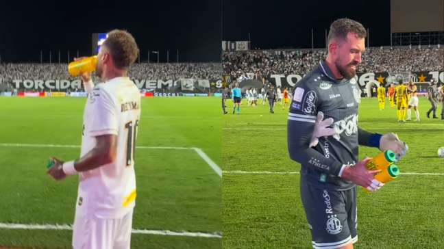 Neymar bebe água da garrafa de goleiro Walter e brinca: ‘Vou deixar o Waltão sem água’