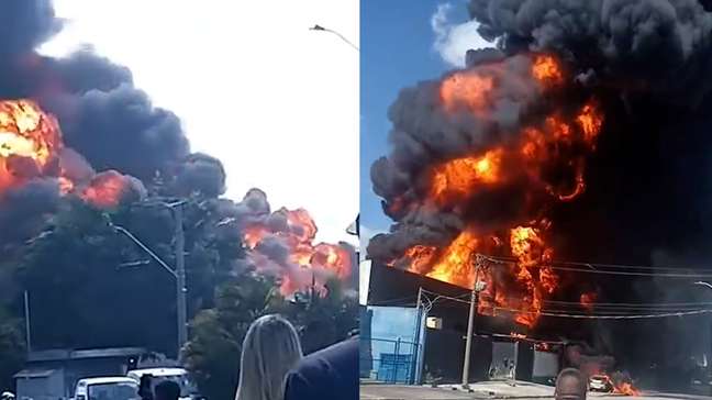Incêndio de grandes proporções atinge fábrica em Guarulhos e forma coluna de fumaça