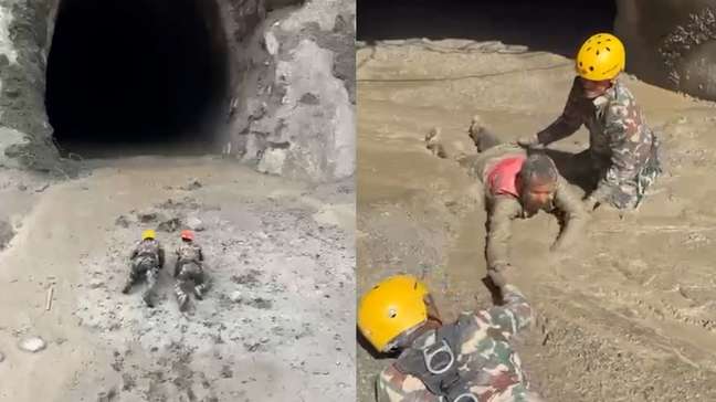 Militares rastejam em mar de lama para resgatar 350 pessoas em túnel no Nepal