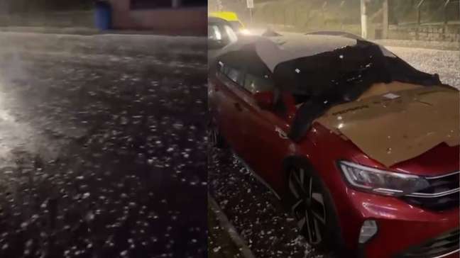 Lataria amassada e vidro quebrado: homem mostra prejuízo em carro por chuva de granizo em SC