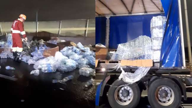 Caminhão tomba e espalha garrafas de água mineral perto da Marginal Tietê, em SP; veja