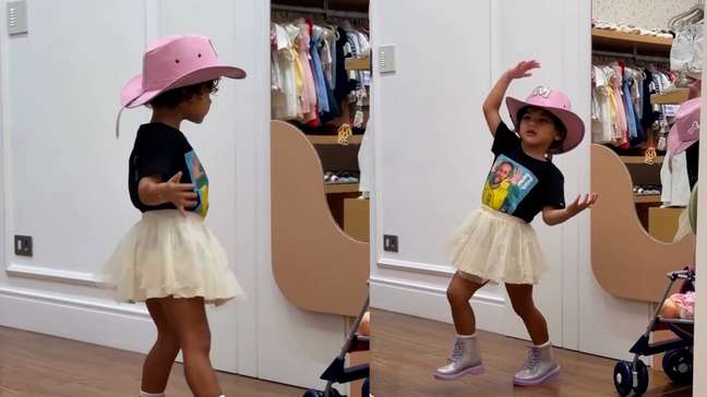 Bruna Biancardi mostra Mavie dançando de chapéu de cowboy e camisa de Neymar