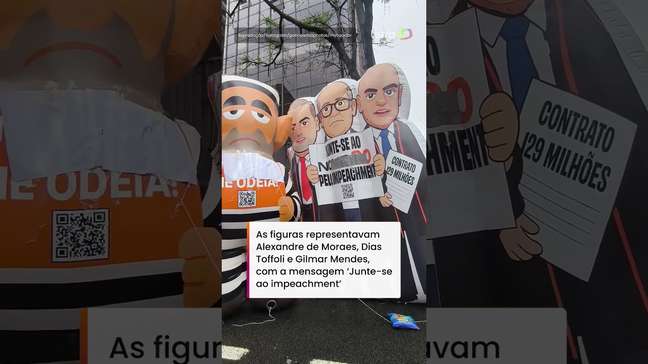Bonecos de Moraes, Toffoli e Gilmar são exibidos em ato na Paulista