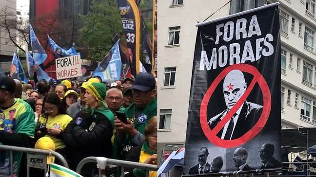 Com cartazes de 'Fora Moraes', apoiadores de Flávio fazem ato na Paulista