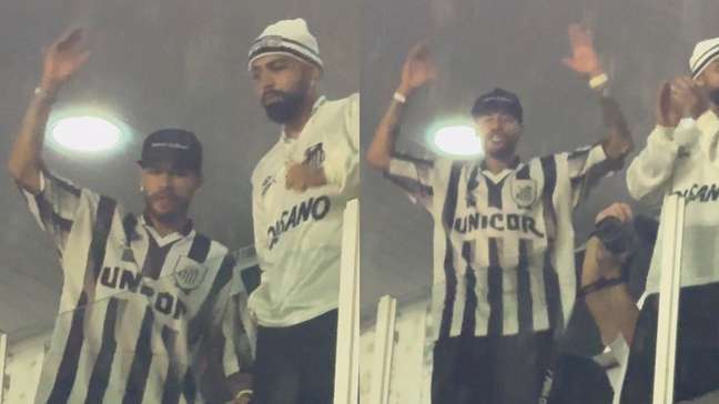 Sob chuva, Neymar e Gabigol cantam com a torcida do Santos