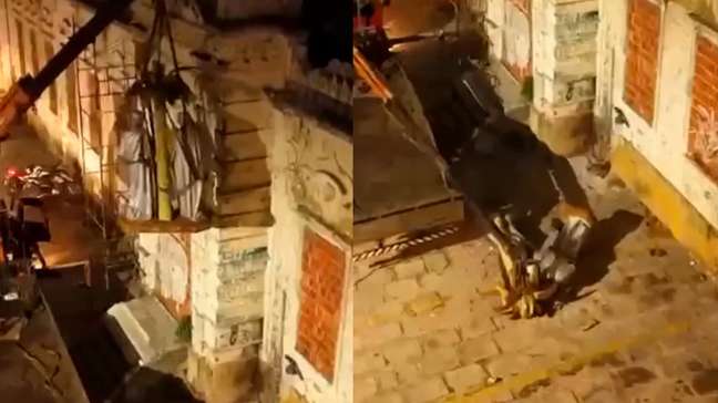 Estátua da Sagrada Família despenca e quebra ao ser removida por guincho de prédio em Fortaleza