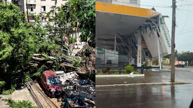 Vídeos mostram postes desabando, casas destelhadas e posto destruído após vendaval no RS