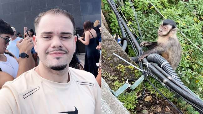 Jovem se distrai e tem sacola ‘roubada’ por macaco durante visita ao Cristo Redentor