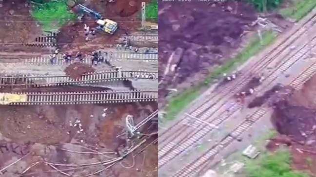 Deslizamento arrasta trecho de ferrovia e deixa trilhos suspensos na Índia; veja