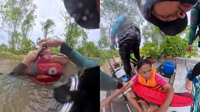 Socorrista ‘herói’ mergulha em enchente para salvar motorista arrastado por correnteza na Tailândia