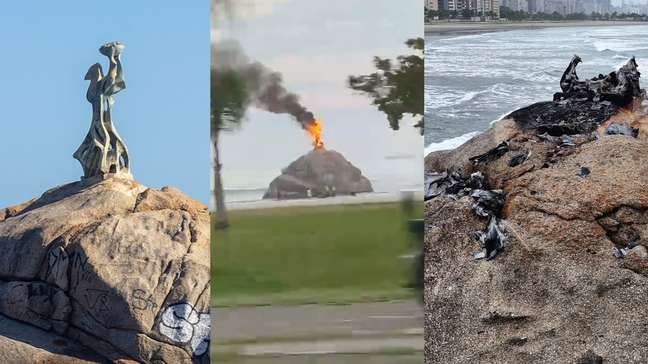 Pedra da Feiticeira é destruída por incêndio no litoral de SP; veja estrutura em chamas