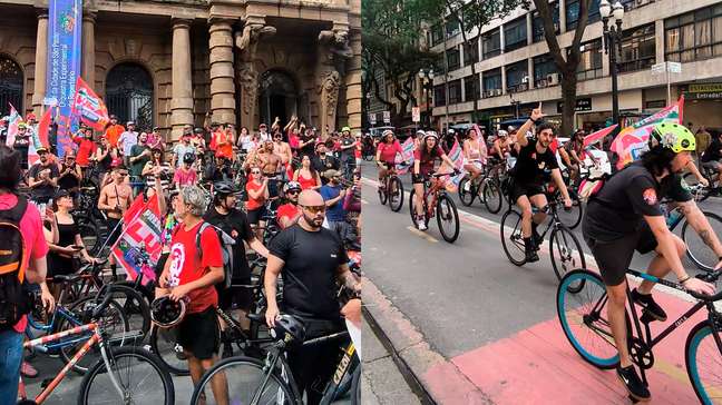 Apoiadores de Lula realizam bicicletaço em frente ao Theatro Municipal de São Paulo