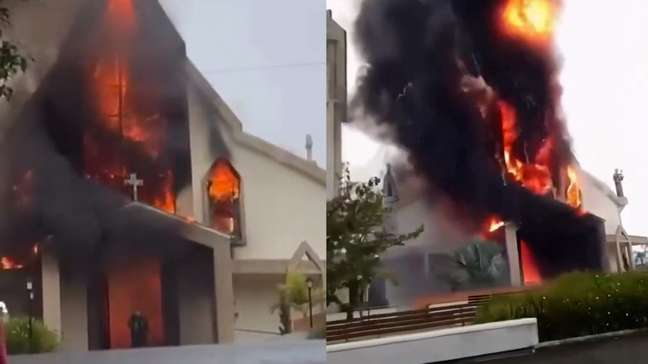 Vídeos mostram Igreja Matriz de cidade do interior de SC em chamas após incêndio