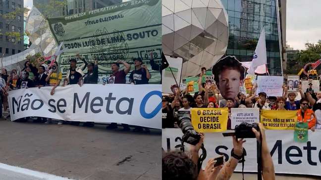 Manifestantes protestam em frente à sede da Meta em SP por suposta interferência eleitoral