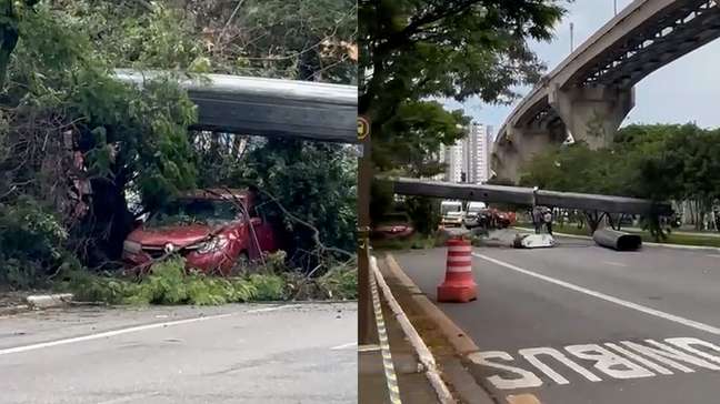 Carro fica preso após guindaste cair e atingir monotrilho em SP