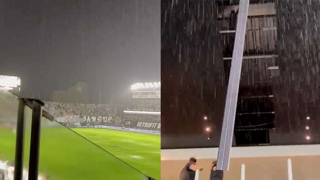 Teto de camarote da Vila Belmiro cede durante forte chuva em jogo do Santos