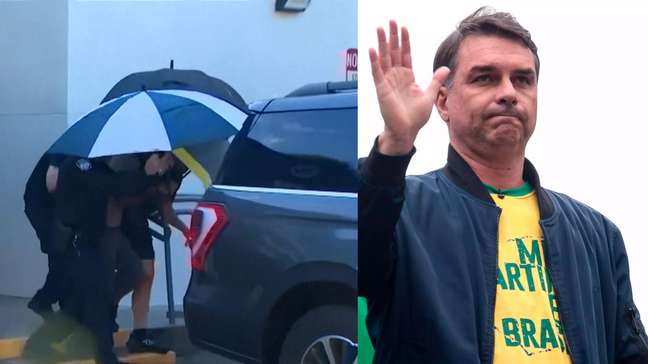 Flávio Bolsonaro e família deixam aeroporto nos EUA sob guarda-chuvas para evitar a imprensa